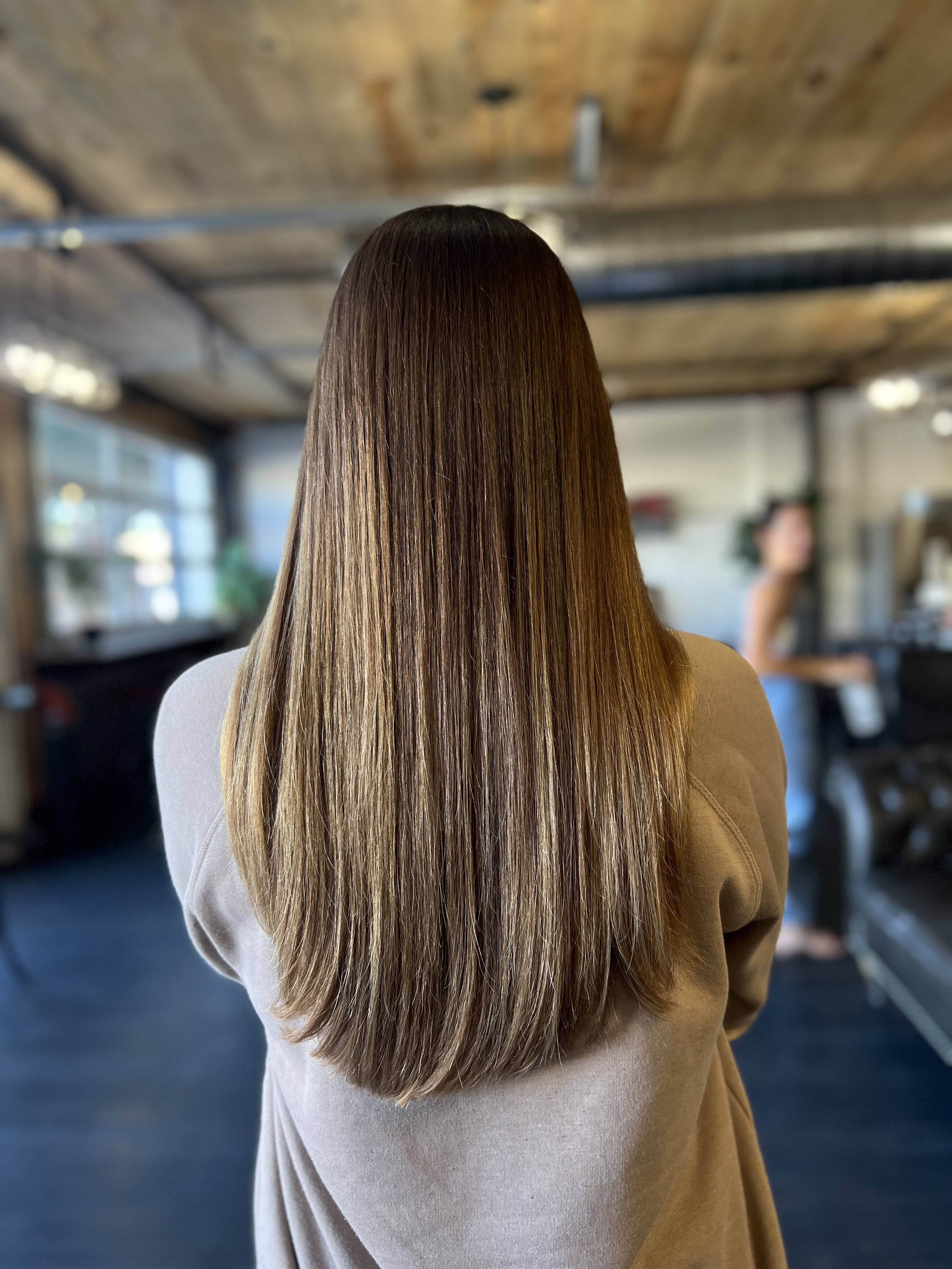 Taupe balayage on straight fine hair