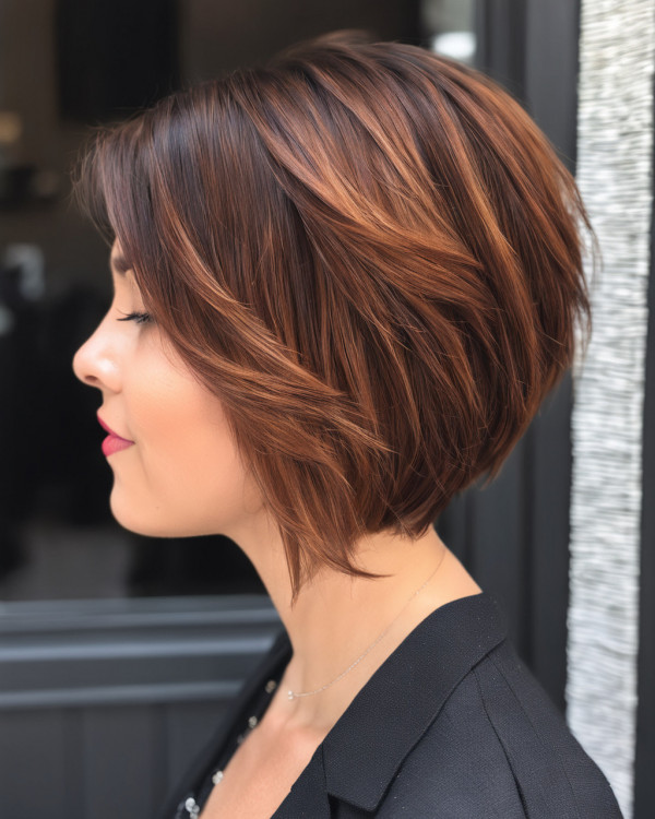Sleek chin-length bob in spiced cinnamon-ginger hair color