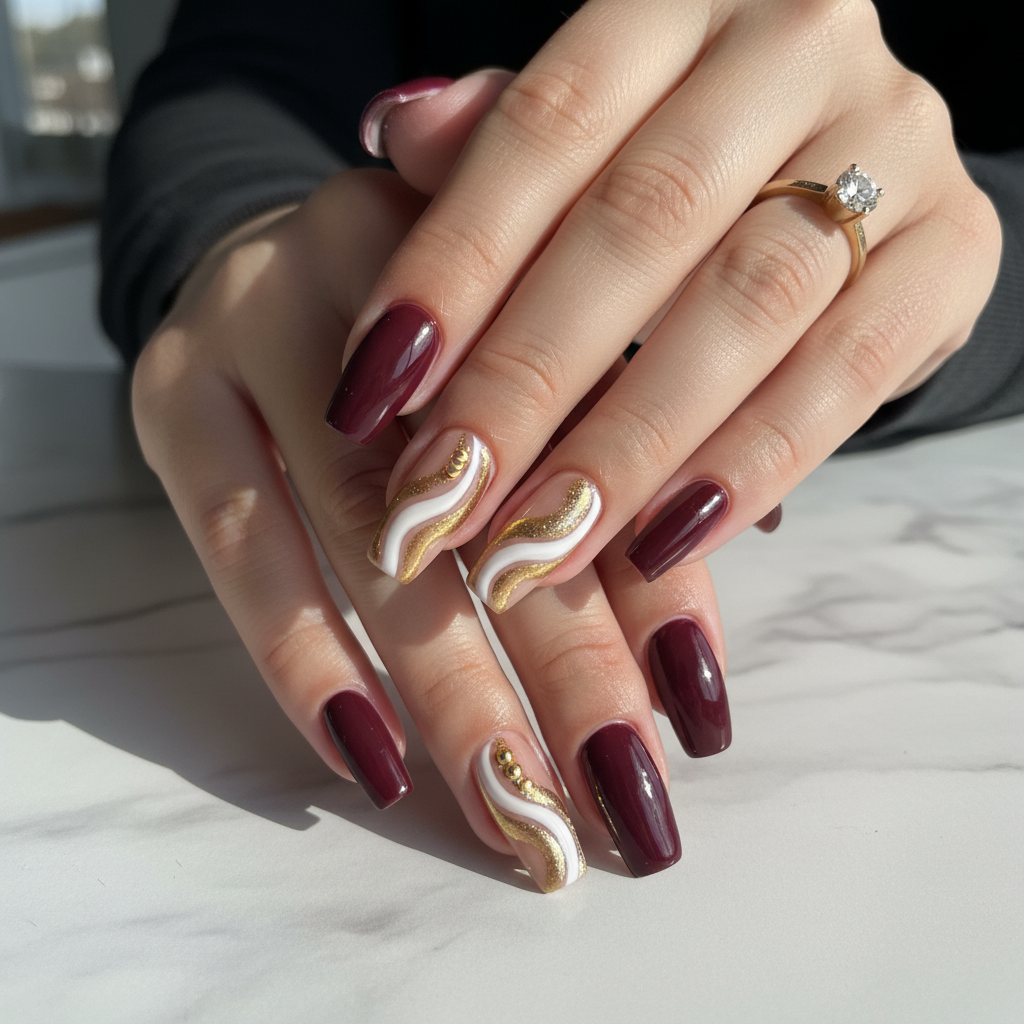 Deep plum nails with fine gold lines
