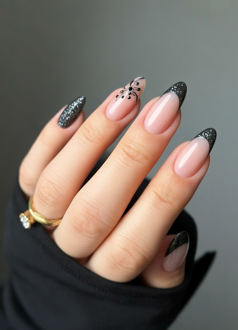 Long almond winter nails in glossy jet black