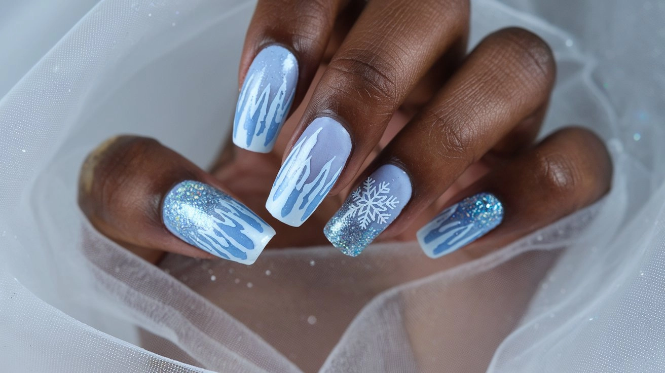 Ice blue nails with icicle nail art and a snowflake design