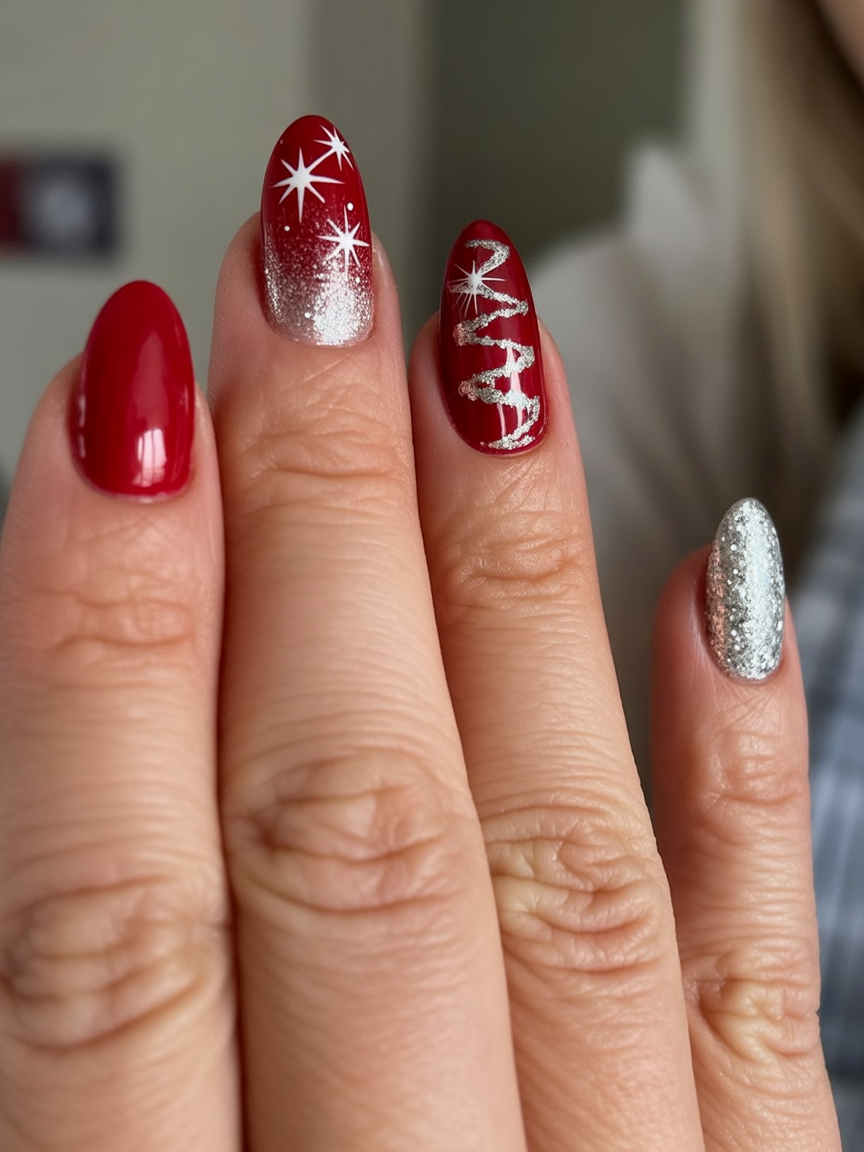 Red almond nails with a silver glitter accent nail
