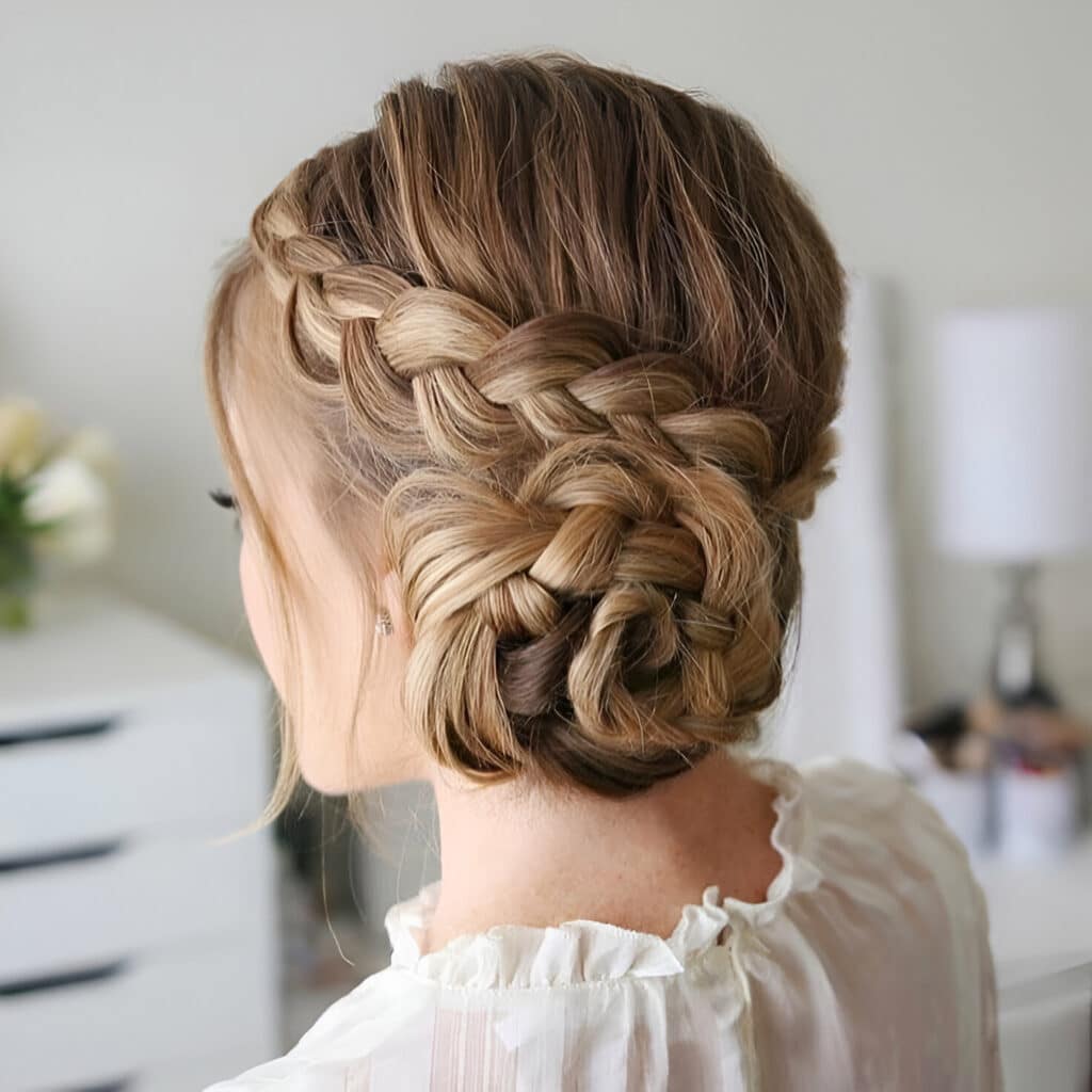 Side braid wrapped into a low bridal bun