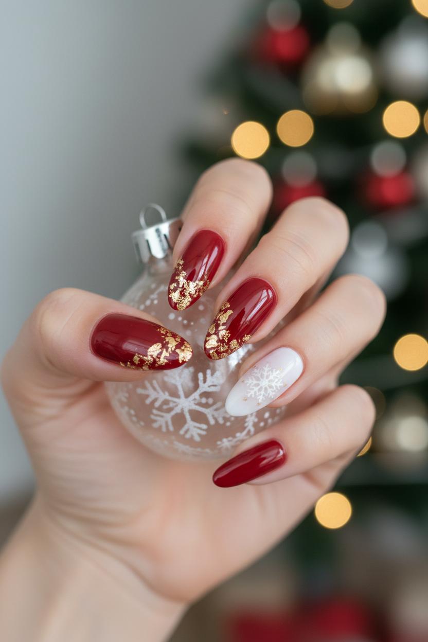 Almond nails in glossy wine red with gold foil flakes near the tips and a white snowflake on one accent nail