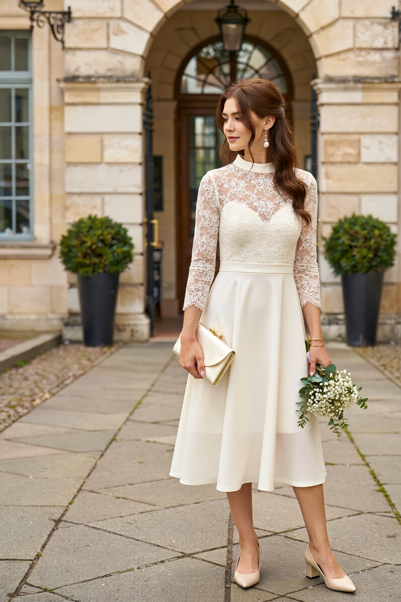 Woman in an ivory lace bodice midi dress