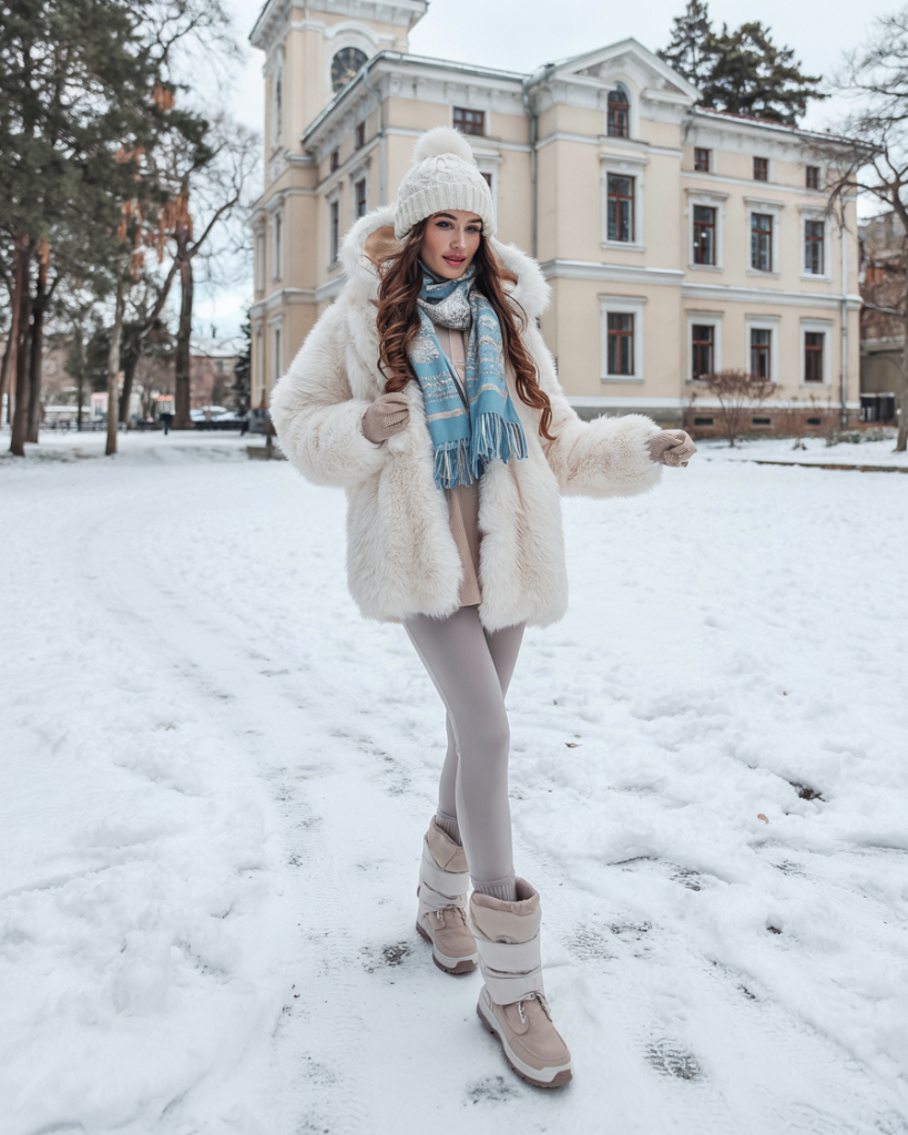 Woman in a white pom beanie, white faux fur coat and blue patterned scarf in the snow
