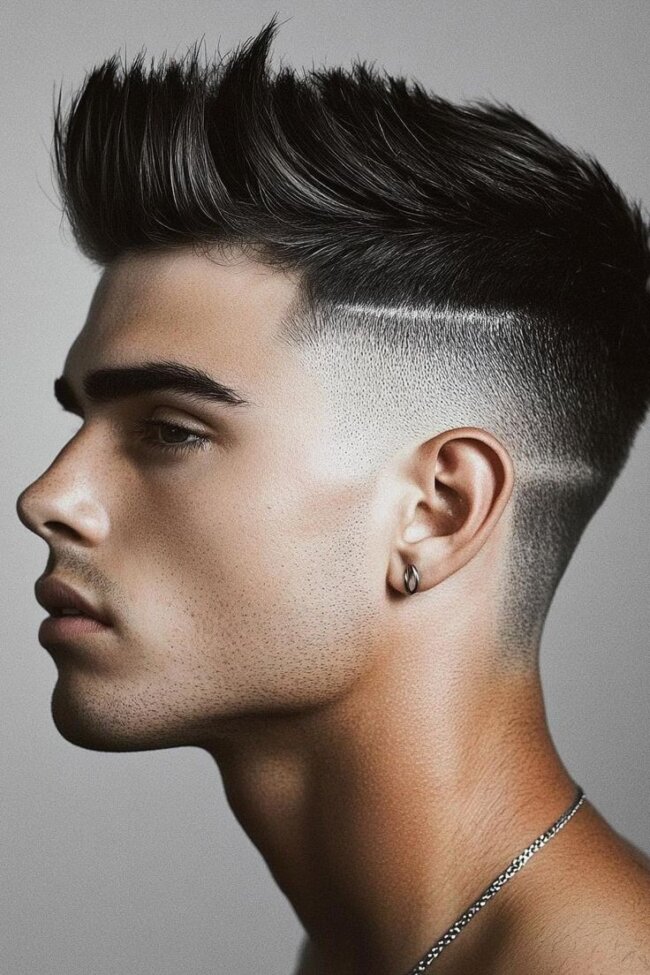 Textured boys haircut with a jagged taper fade