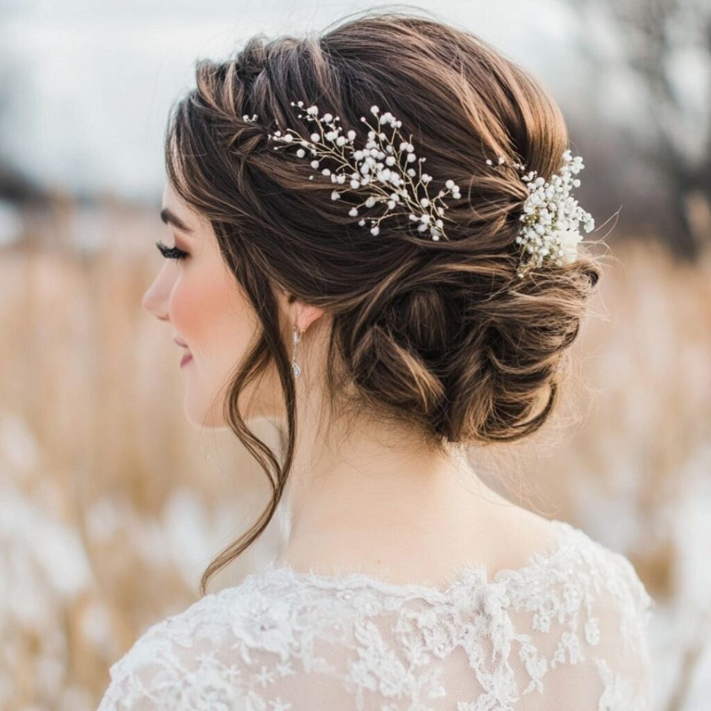 Brunette bride wearing a low textured chignon decorated with baby's breath flowers