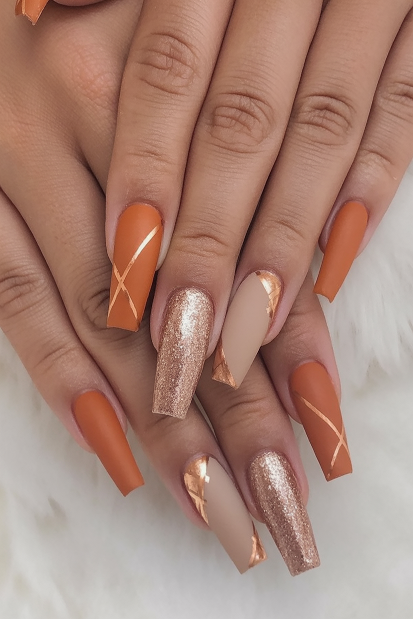Burnt Orange with Copper Foil Lines: matte rust-orange coffin nails with copper striping and glitter accents