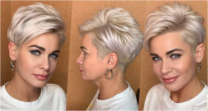 Platinum blonde textured pixie haircut shown from three angles