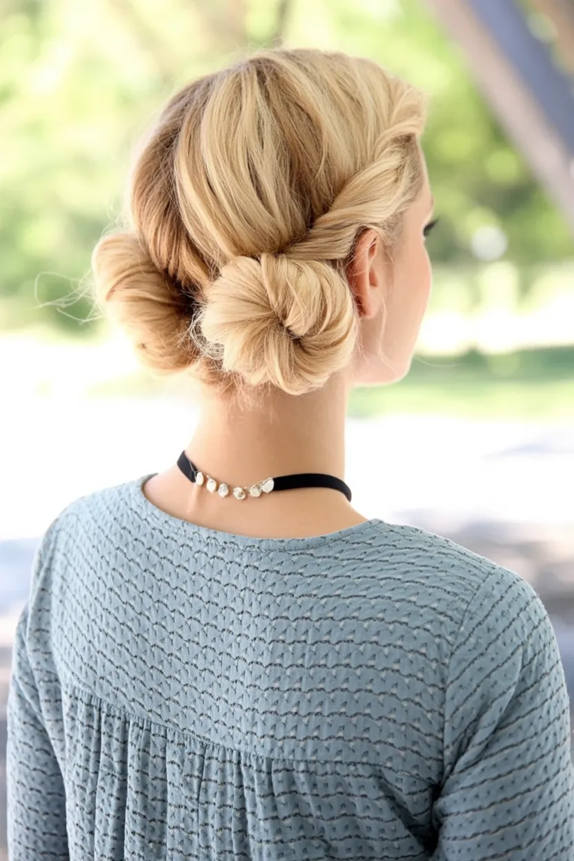 Woman with a double twist low bun hairstyle