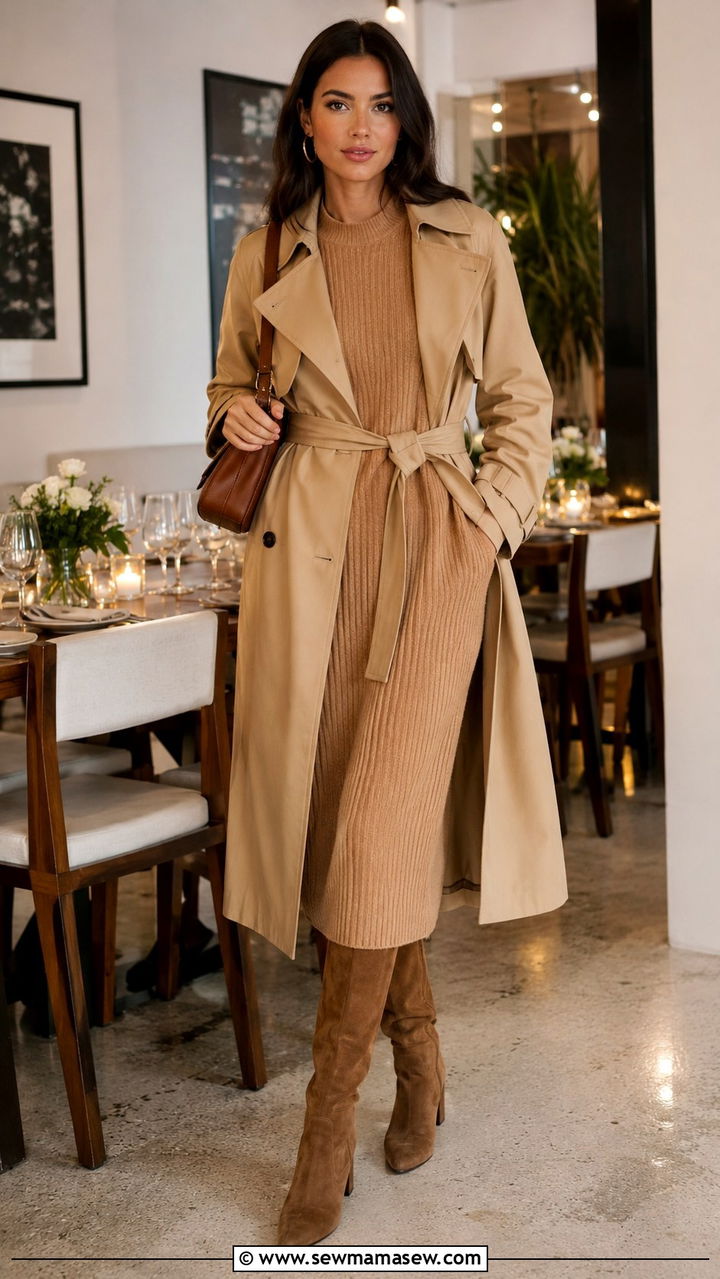 Khaki trench coat worn open over a sweater dress with knee-high boots