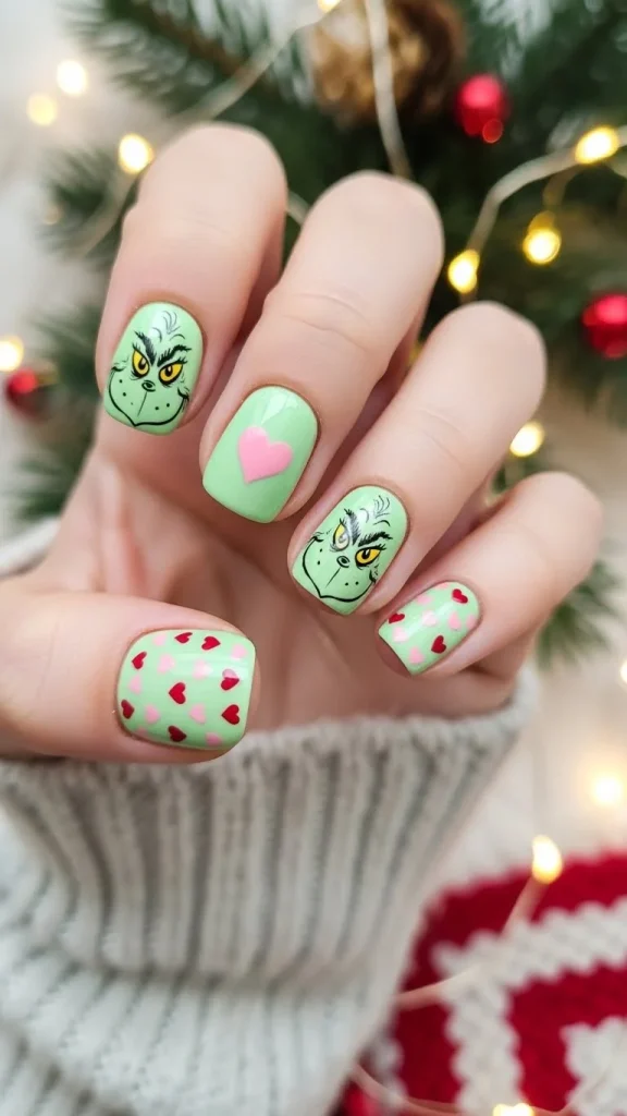 Short round nails with a simple kid-friendly Grinch face design
