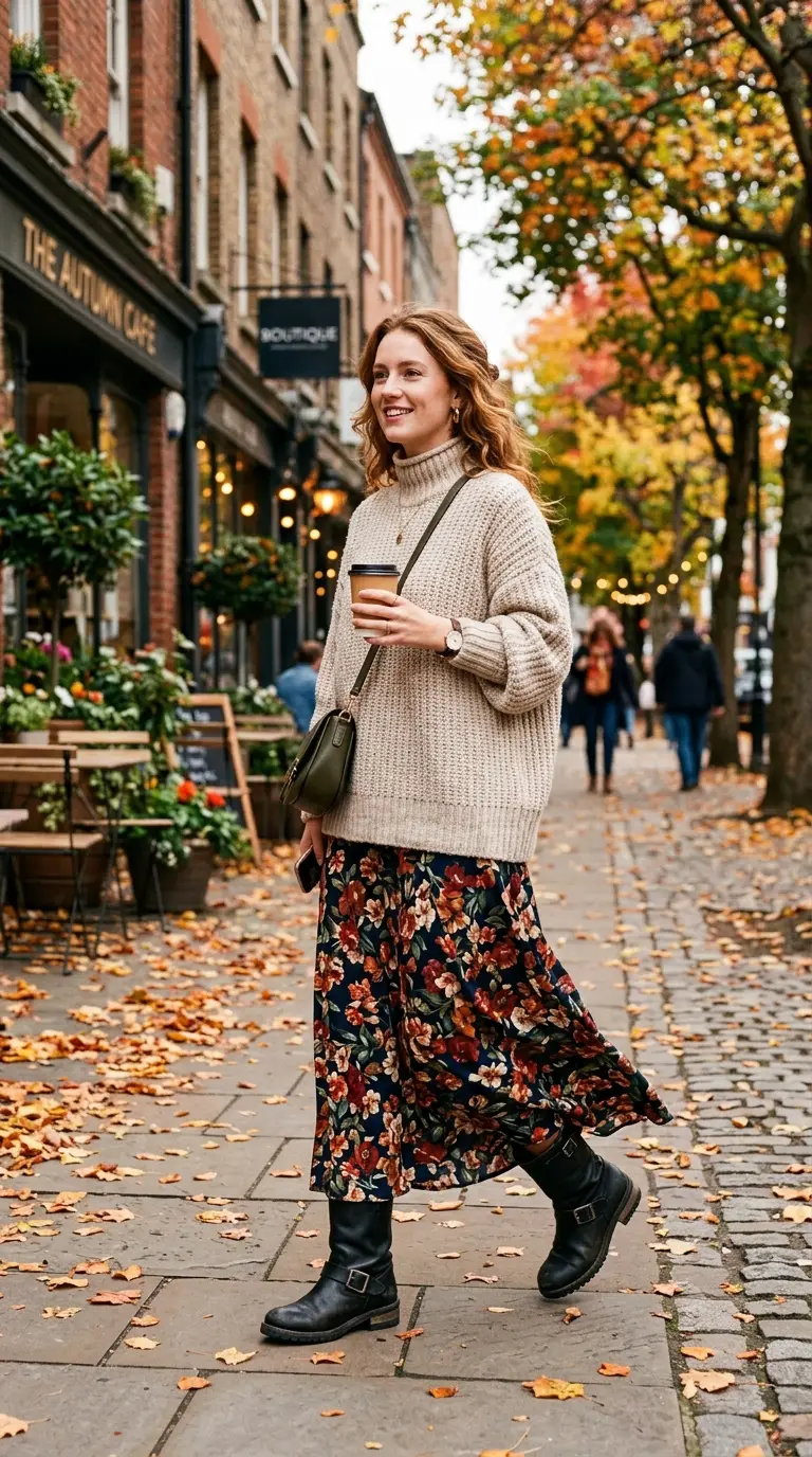 Woman wearing a floral boho maxi skirt with a chunky knit sweater and boots