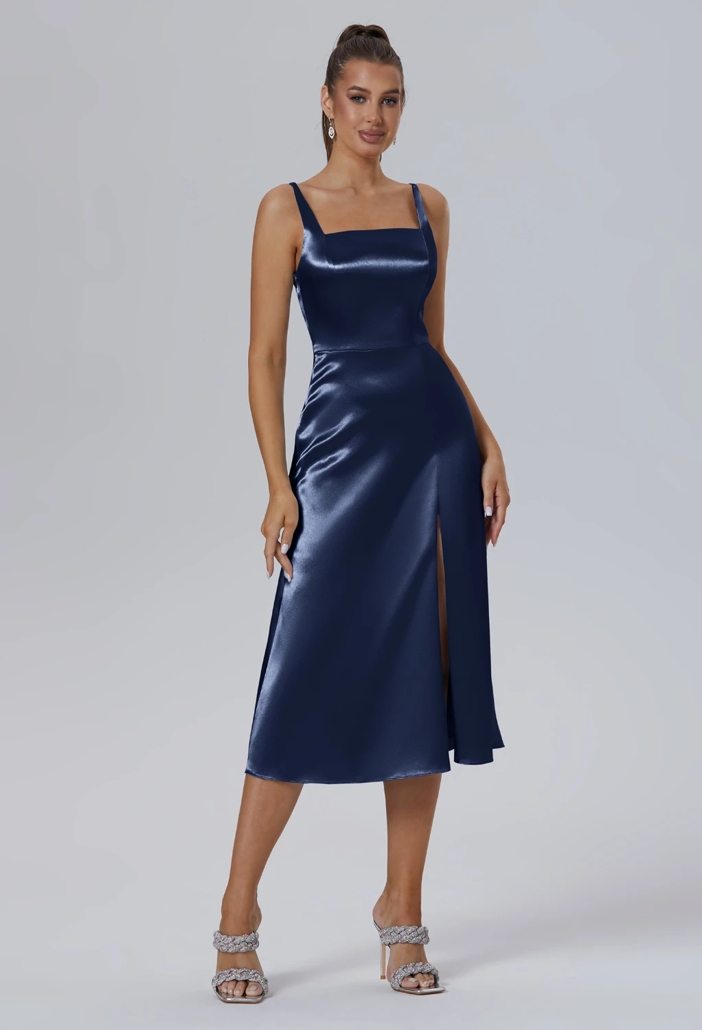 Navy satin midi dress with crystal-embellished straps