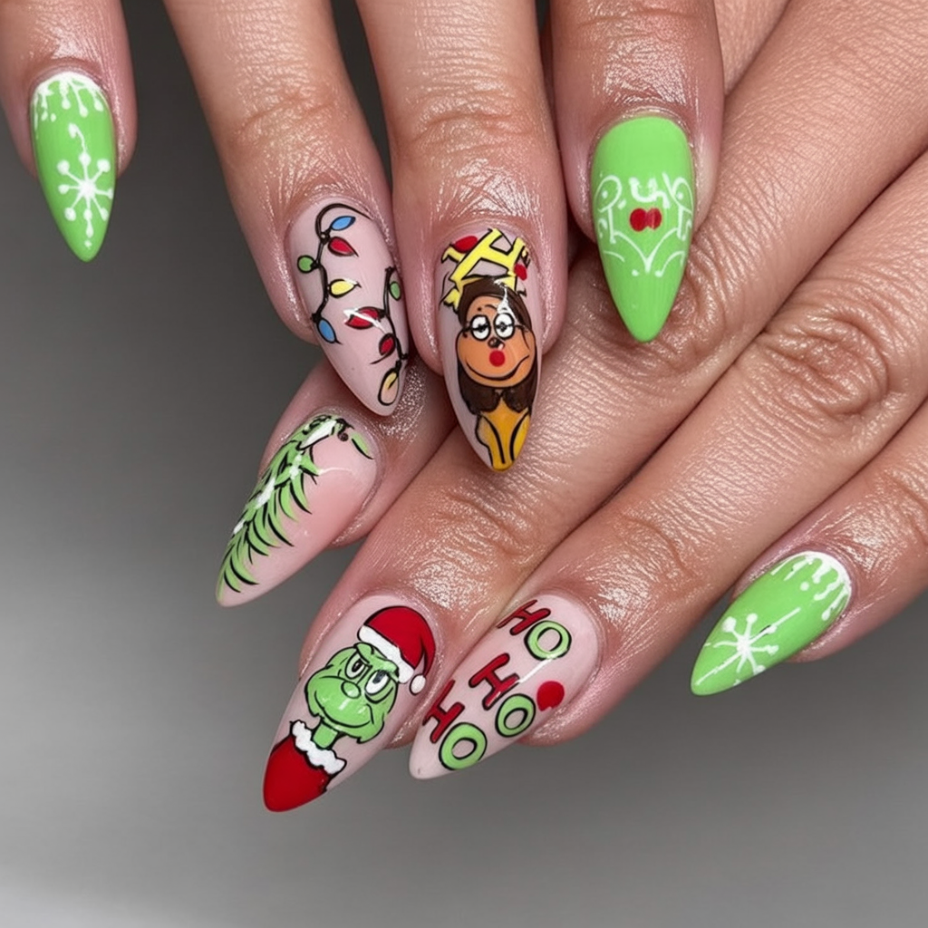 Almond nails with mixed Grinch motifs including characters and festive details