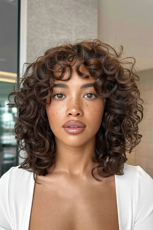 Curly long bob haircut with defined curls
