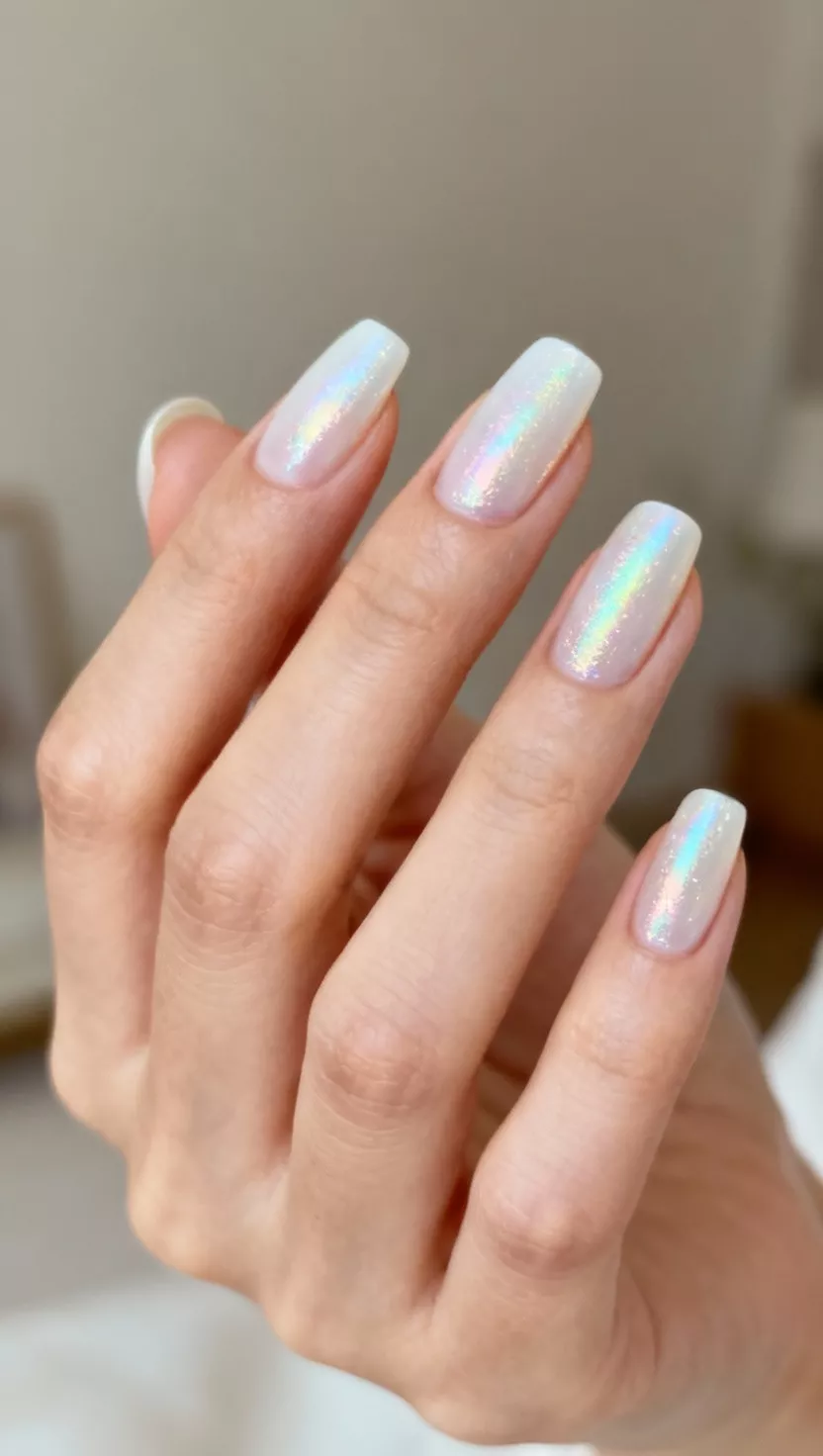 Nails with a pearly opalescent finish fading from milky white into a shimmering pink-lavender iridescent sheen