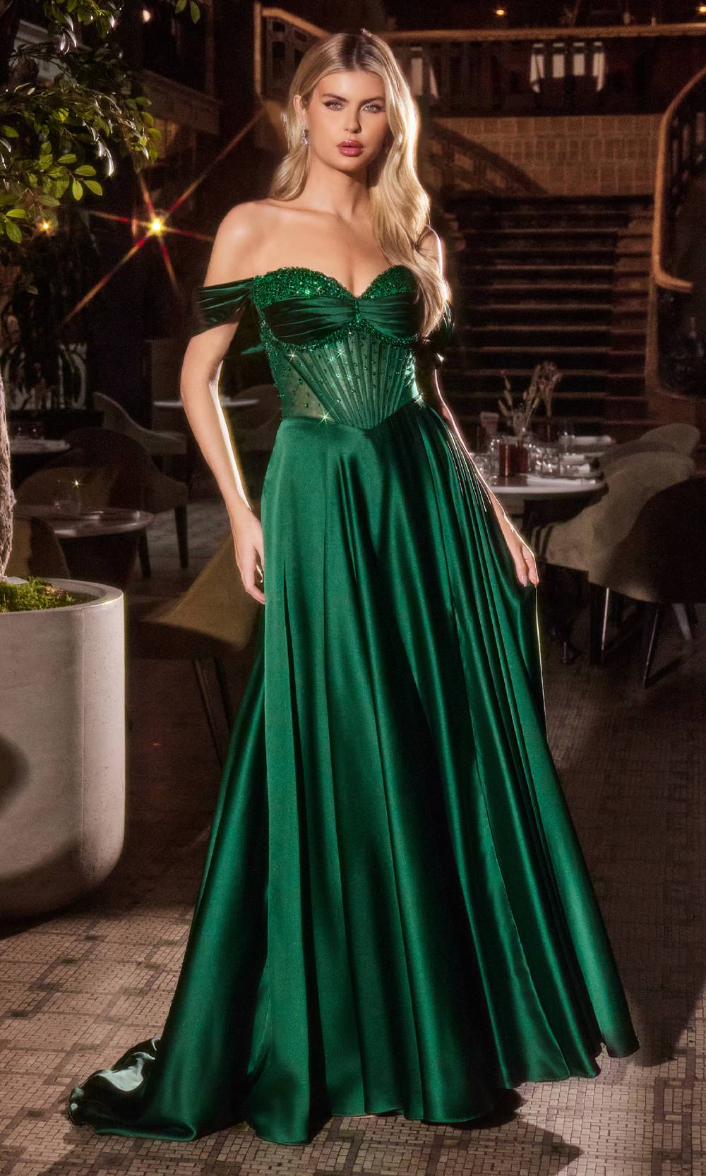 Emerald green satin evening gown for a winter formal