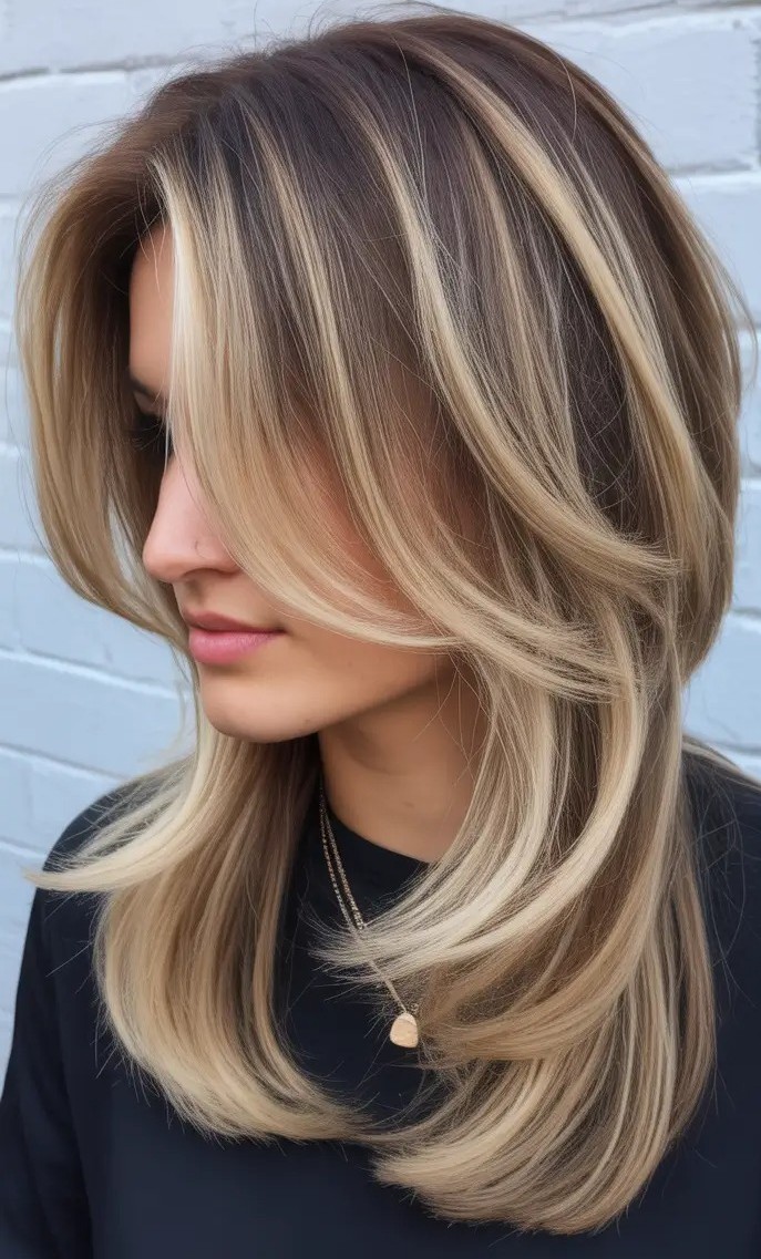 Layered mushroom blonde blend with face framing