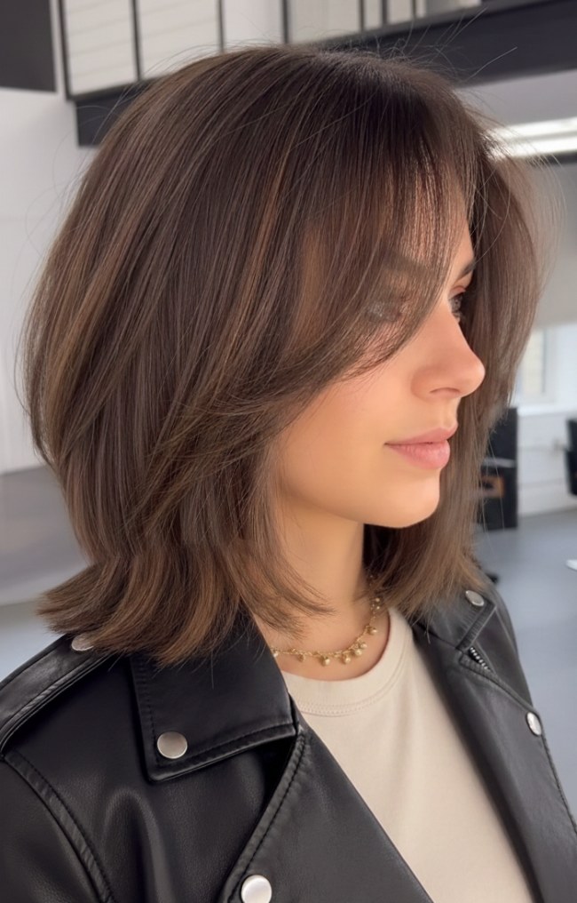 Layered mocha brown bob with curtain bangs