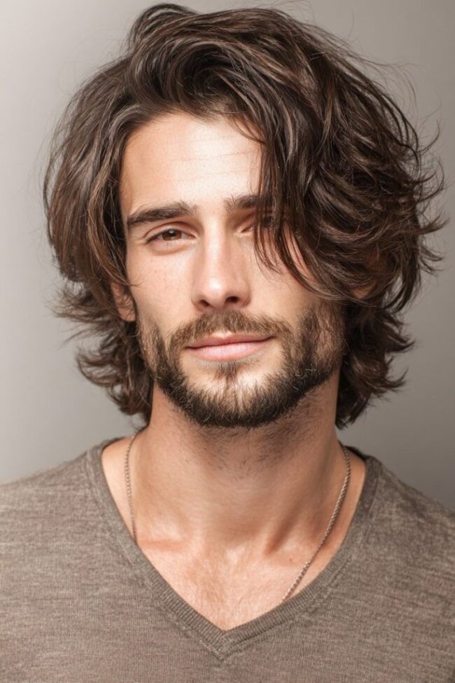 Man with layered medium-length scissor-cut hair