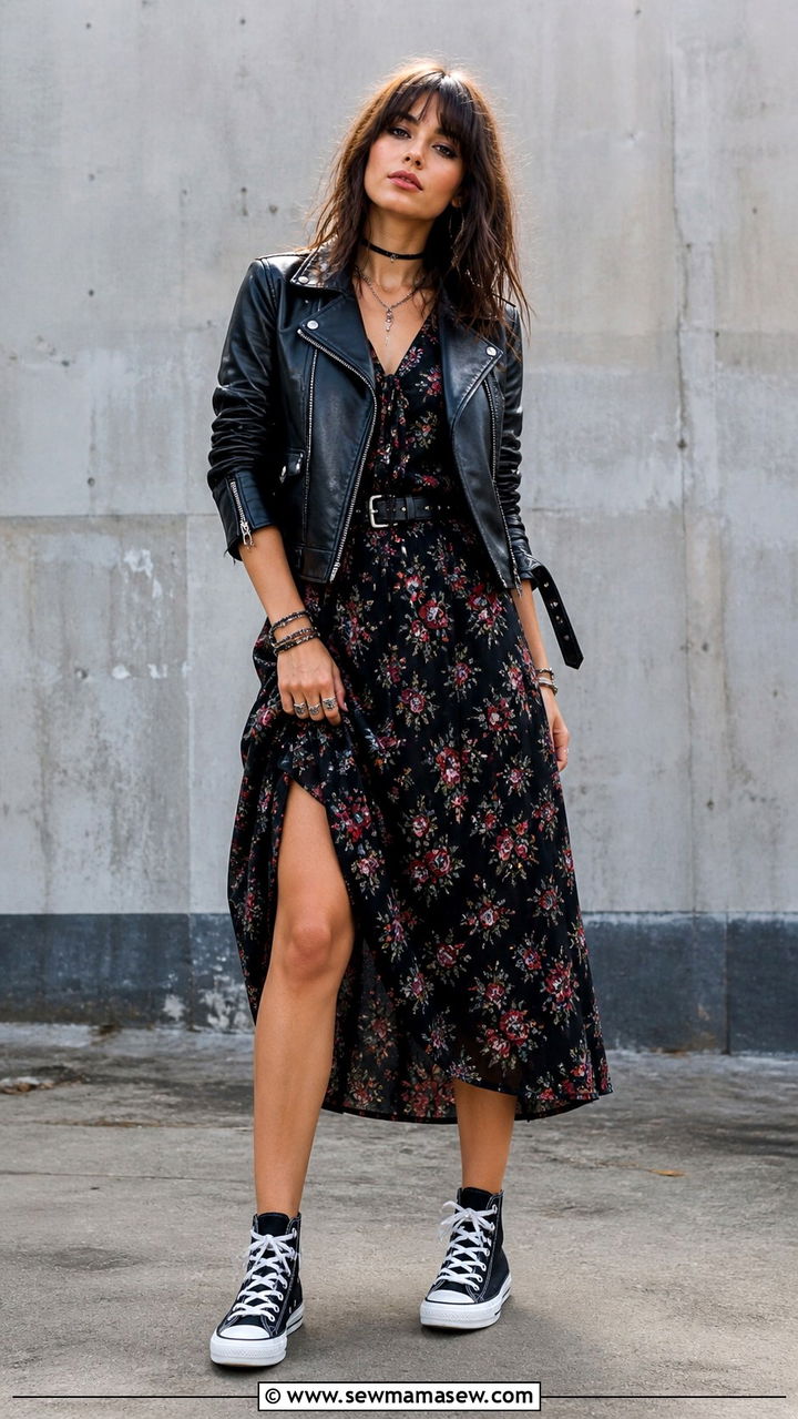 Woman in a black leather moto jacket over a black floral midi dress with black high-top sneakers