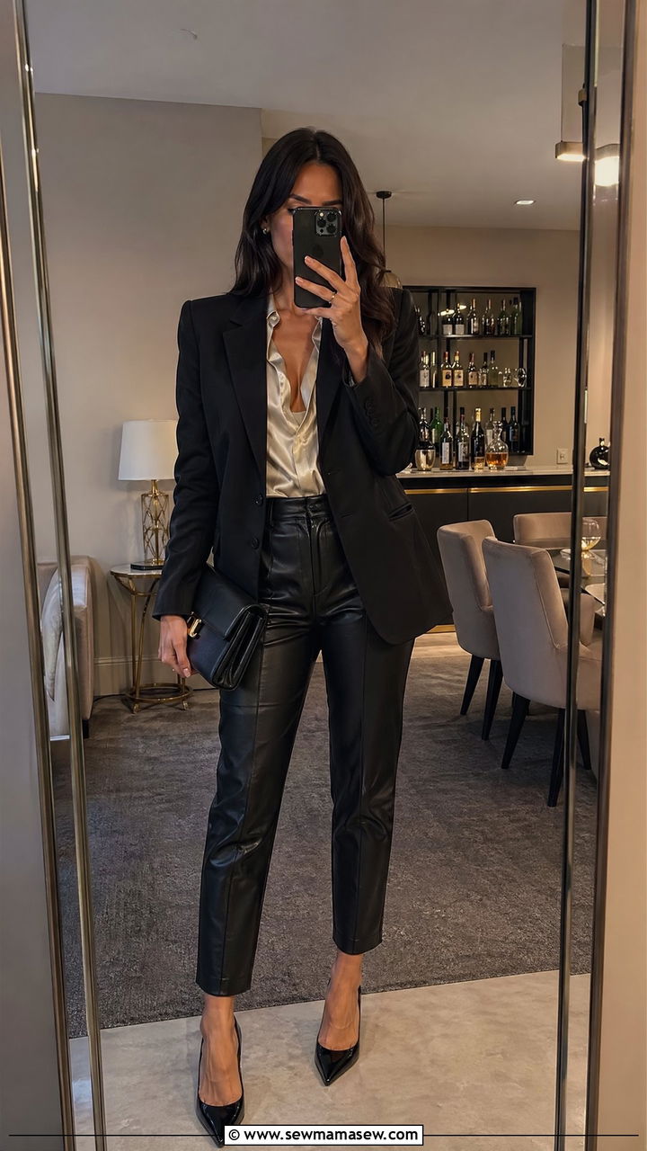 Leather pants with a silk blouse and structured blazer evening outfit
