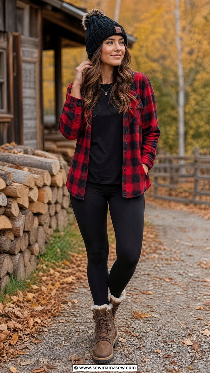 Woman wearing an oversized plaid flannel shirt with black leggings and a beanie