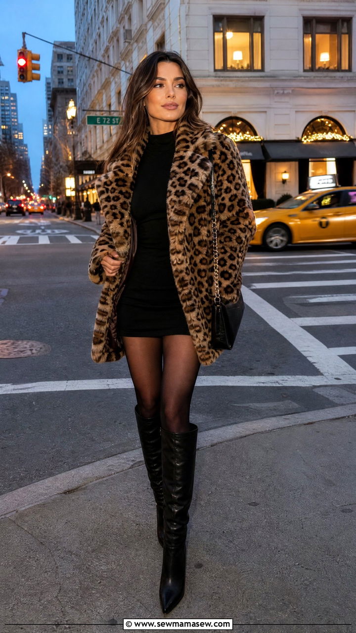 Woman in leopard faux fur coat, black mini dress and knee-high black boots