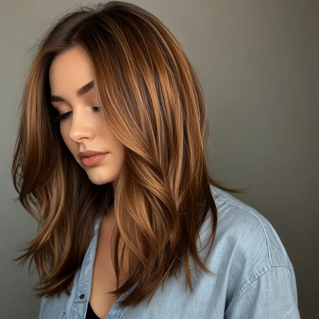 Light cinnamon brown hair with warm shadow roots