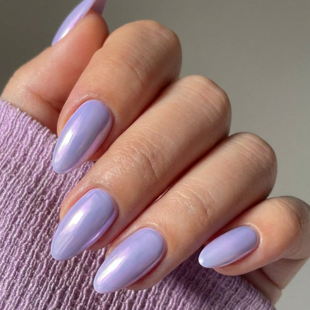 Icy lavender shimmer nails in medium almond shape