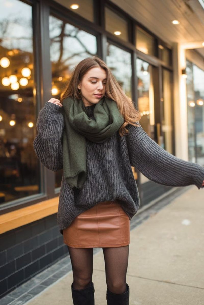 Woman in a leather skirt with an oversized knit, tights and boots