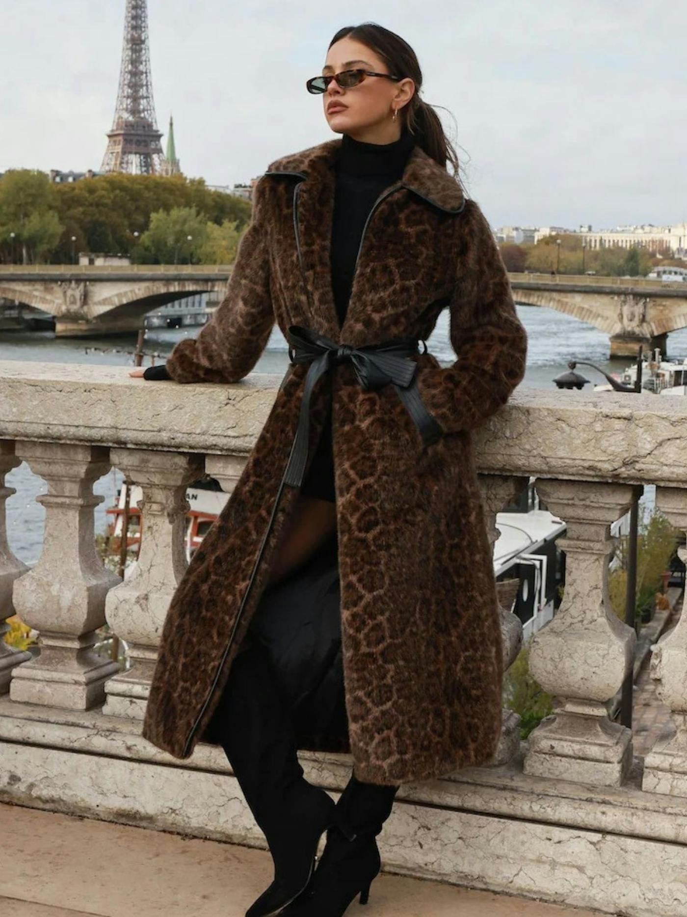 Belted longline leopard print faux fur coat