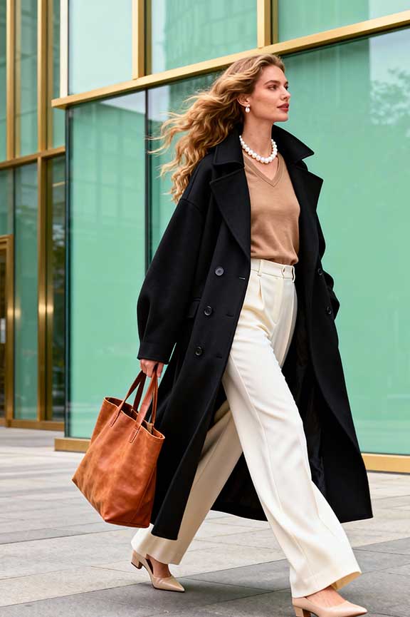 A black long coat worn with a warm camel-colored top.