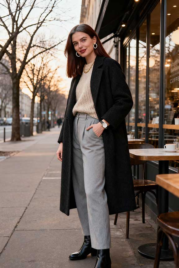 A black long coat layered over a thick chunky knit sweater.