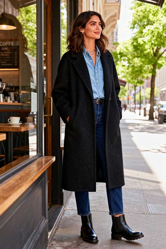 A black long coat over a blue chambray shirt, dark jeans and black chelsea boots outside a city coffee shop.