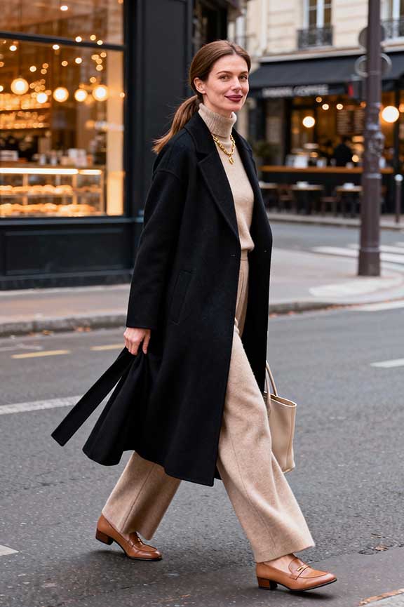 A black long coat layered over soft beige pieces for a calm monochrome-tonal outfit.