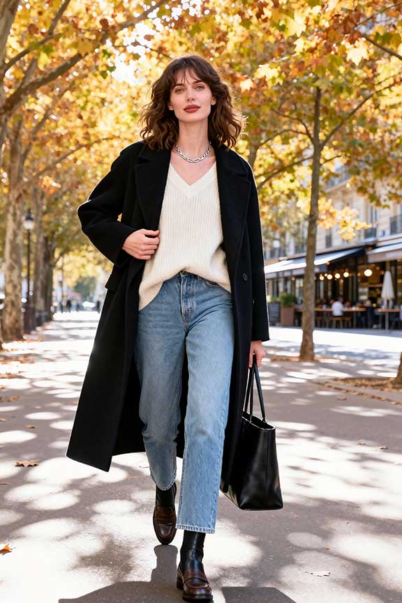 Woman in a long black coat with a white knit sweater and jeans
