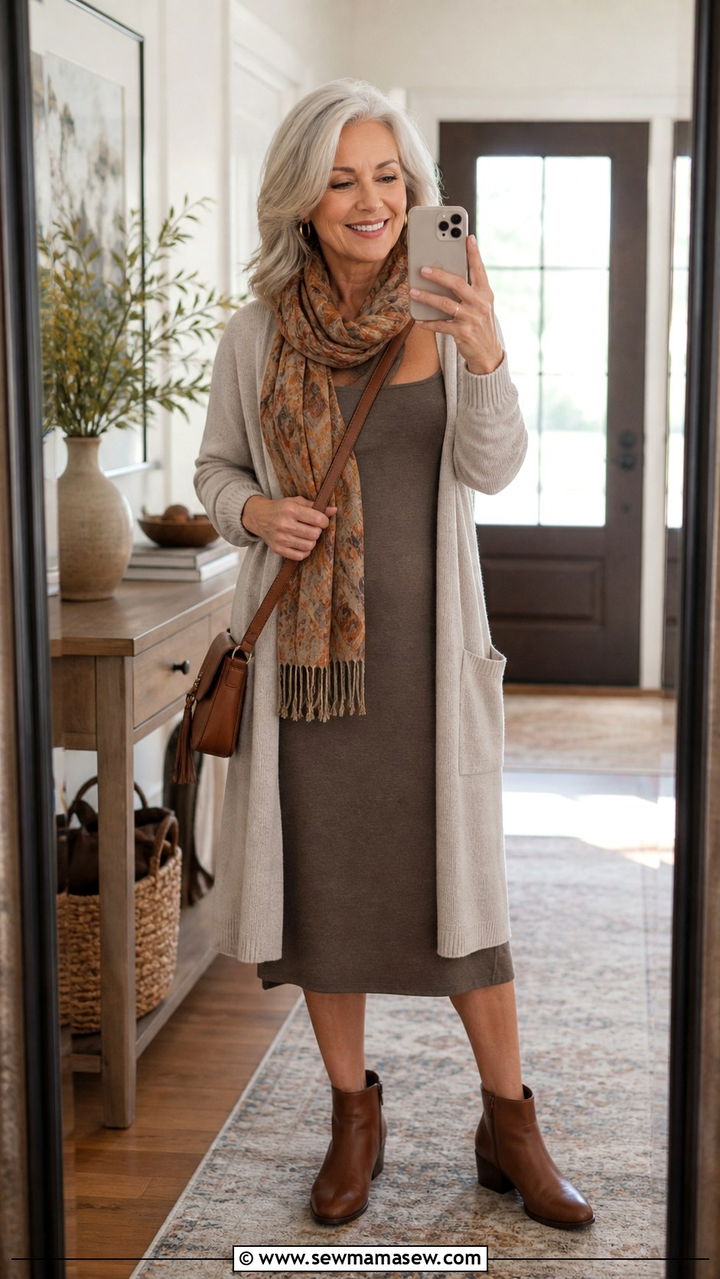 Woman over 60 in a long cardigan with a tank dress and ankle boots