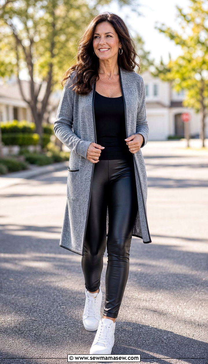 Long grey cardigan with leggings and sneakers