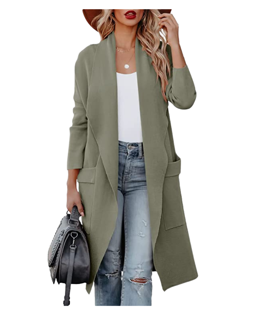 Woman wearing a longline cardigan with flare jeans