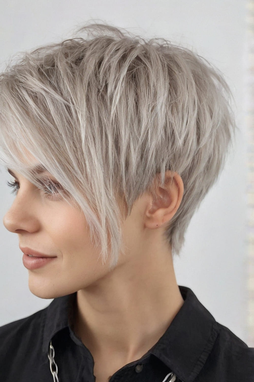 Silver gray pixie haircut with long swoopy layers