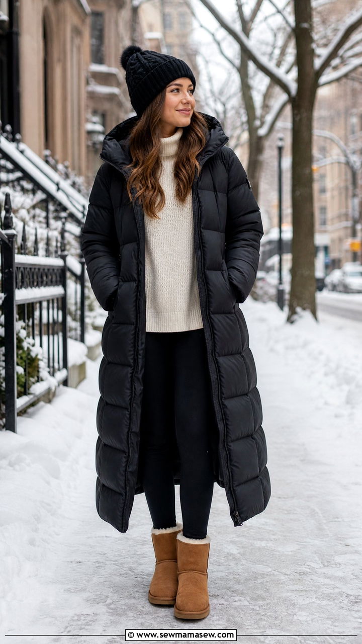 Woman in a long quilted puffer coat with leggings and chestnut boots