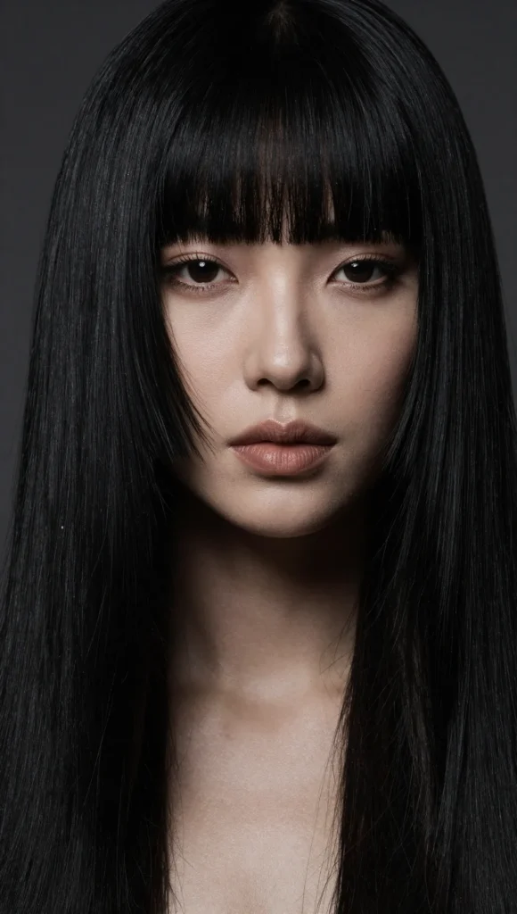 Long straight haircut with blunt bangs