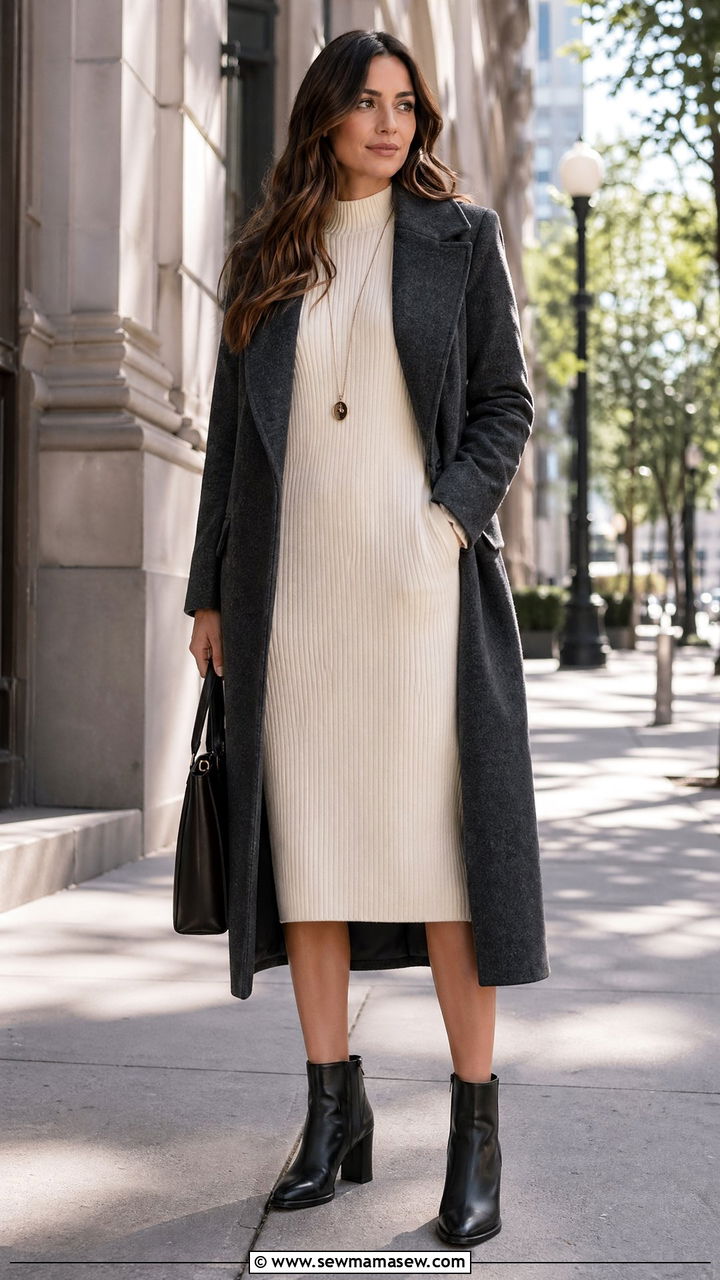 Woman in a long wool coat with a sweater dress and ankle boots