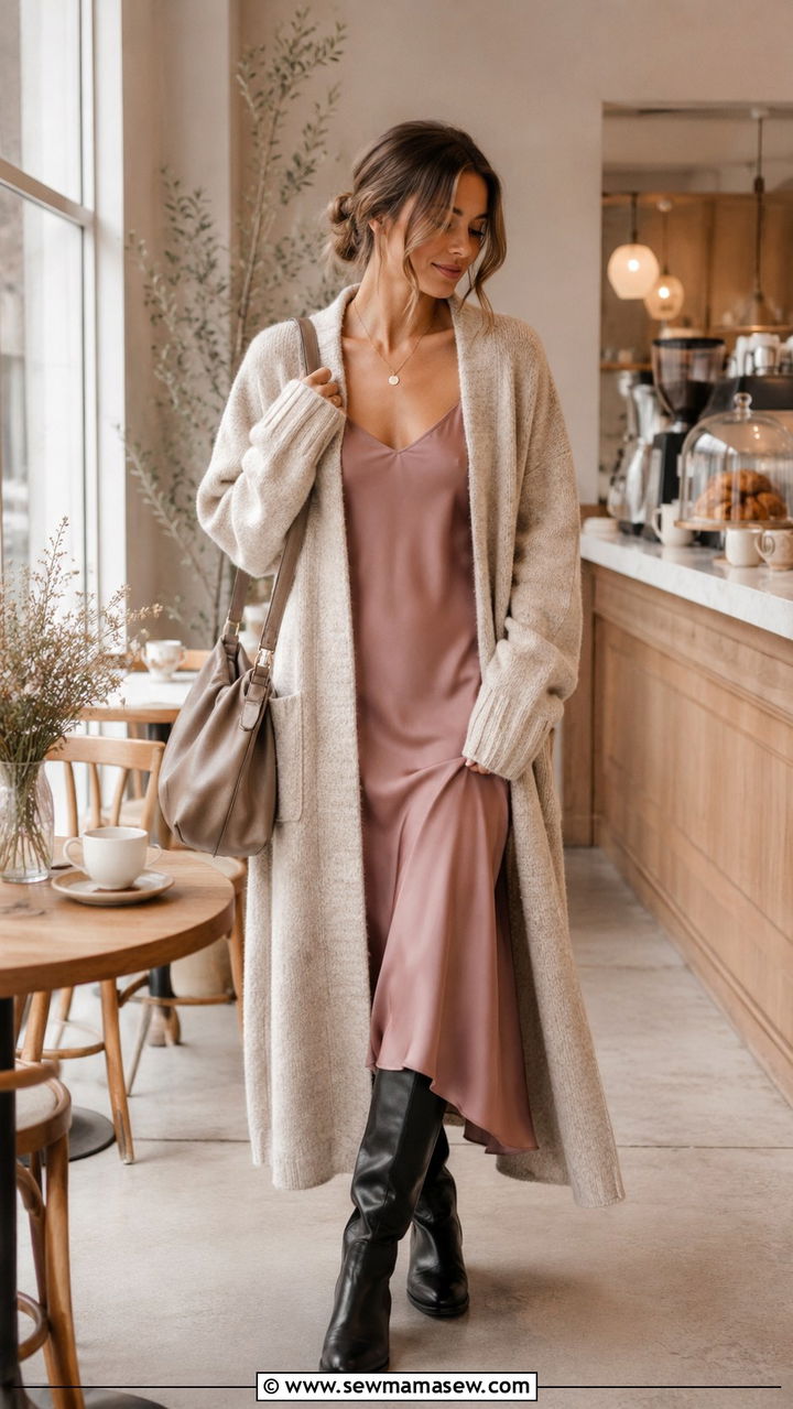 Woman in a longline cardigan over a slip dress with knee-high boots
