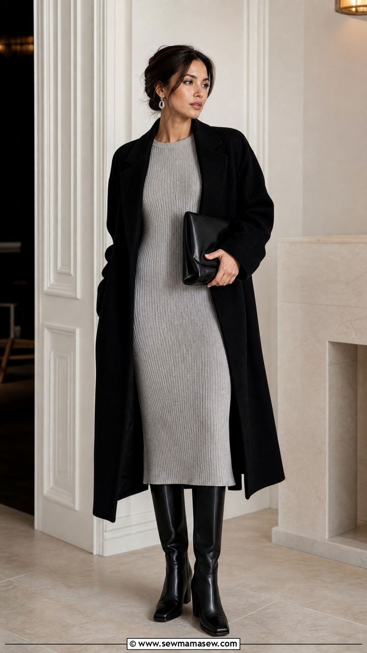 Grey knit midi dress layered under a longline wool coat
