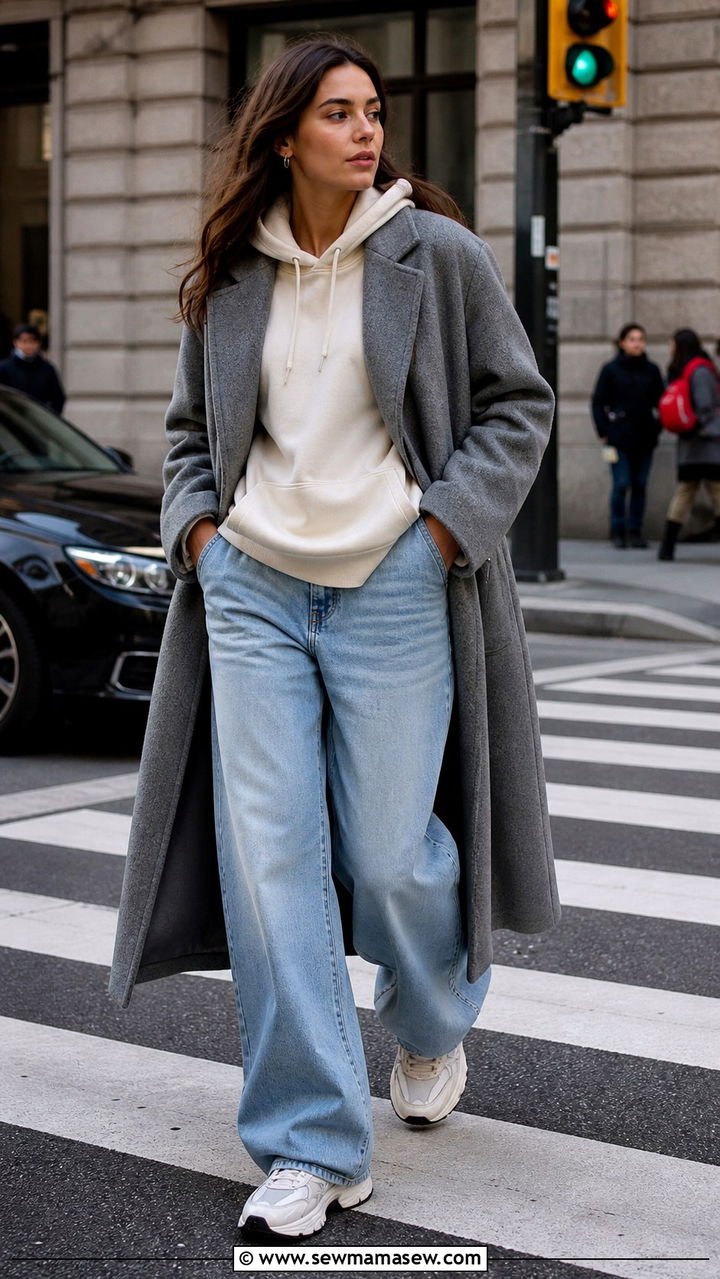 Woman crossing a city street in a cream hoodie under a longline grey wool coat with wide-leg light-wash jeans and white sneakers