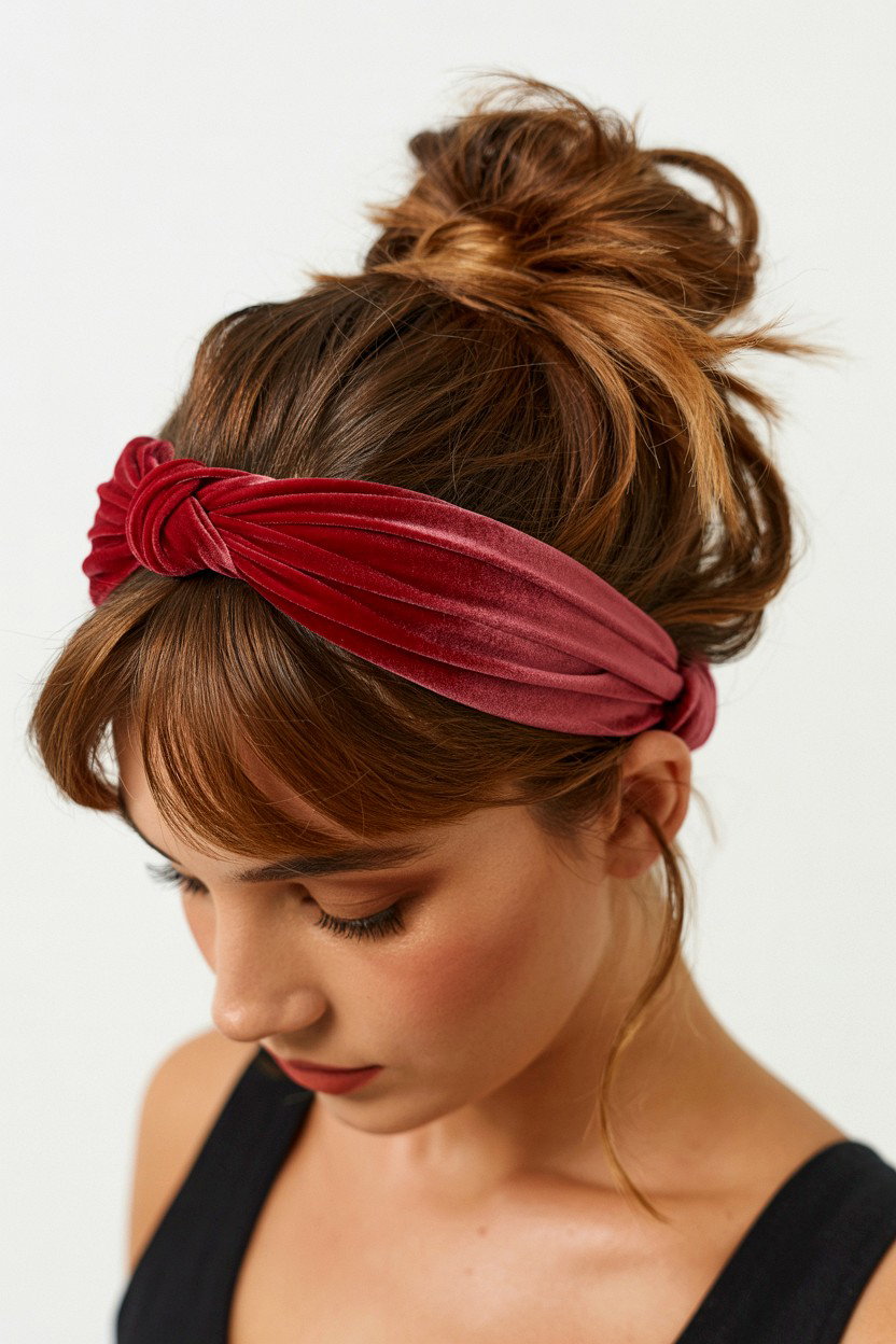 Woman with a messy topknot wearing a red velvet knotted headband